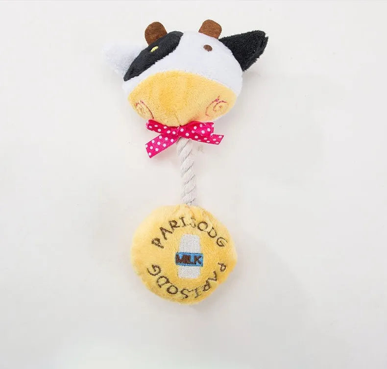 Plush animal dog toy with cotton rope and squeaker in frog, elephant, cow, and bear designs.