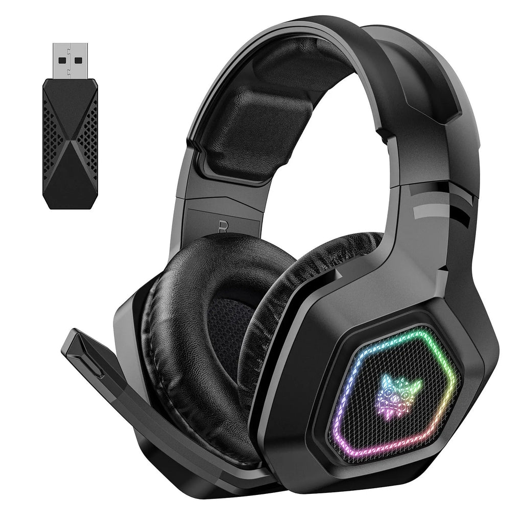 Black and white wireless gaming headset with RGB lights, showing 2.4G receiver and charging cable.