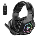 Black and white wireless gaming headset with RGB lights, showing 2.4G receiver and charging cable.
