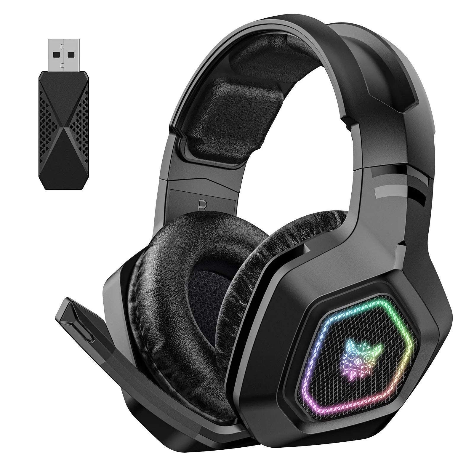 Black and white wireless gaming headset with RGB lights, showing 2.4G receiver and charging cable.