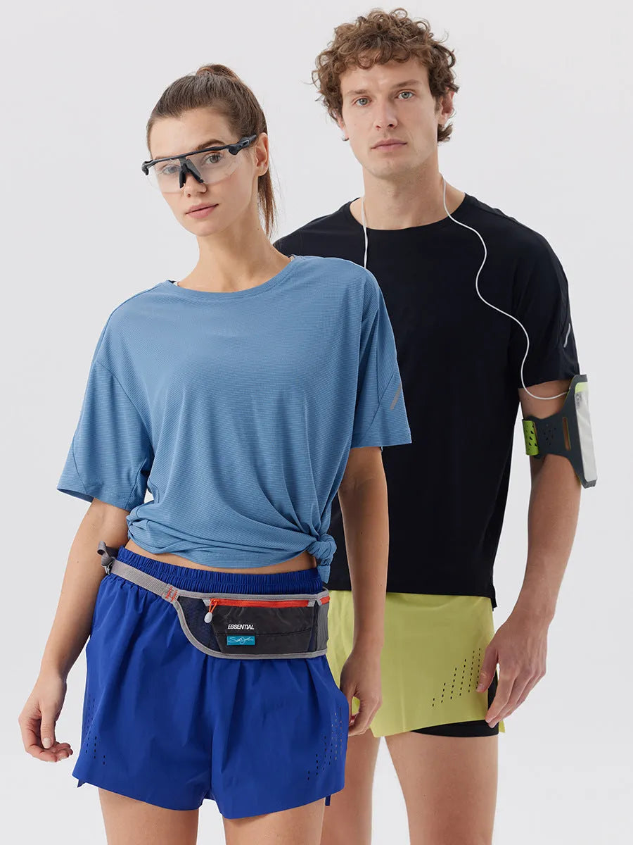 Men's straight-leg sports shorts with side slits in turmeric yellow colour, showing athletic design with micro elastic nylon fabric