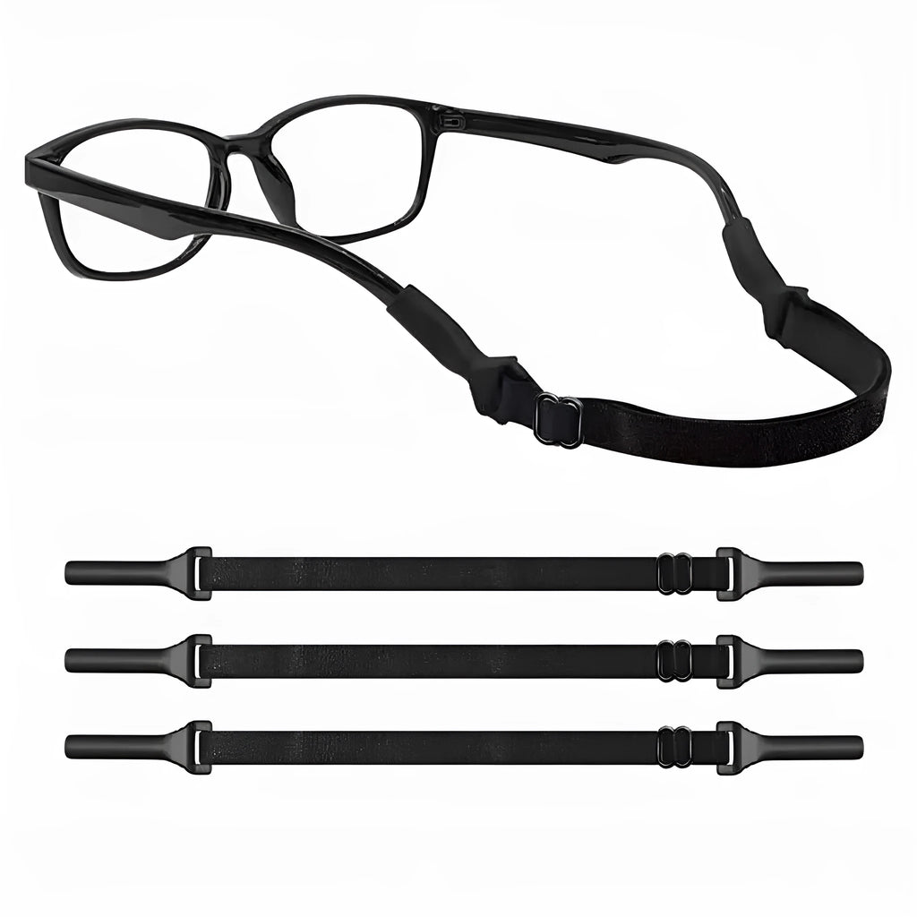 Black adjustable glasses cord with silicone ends and fibre rope for securing spectacles