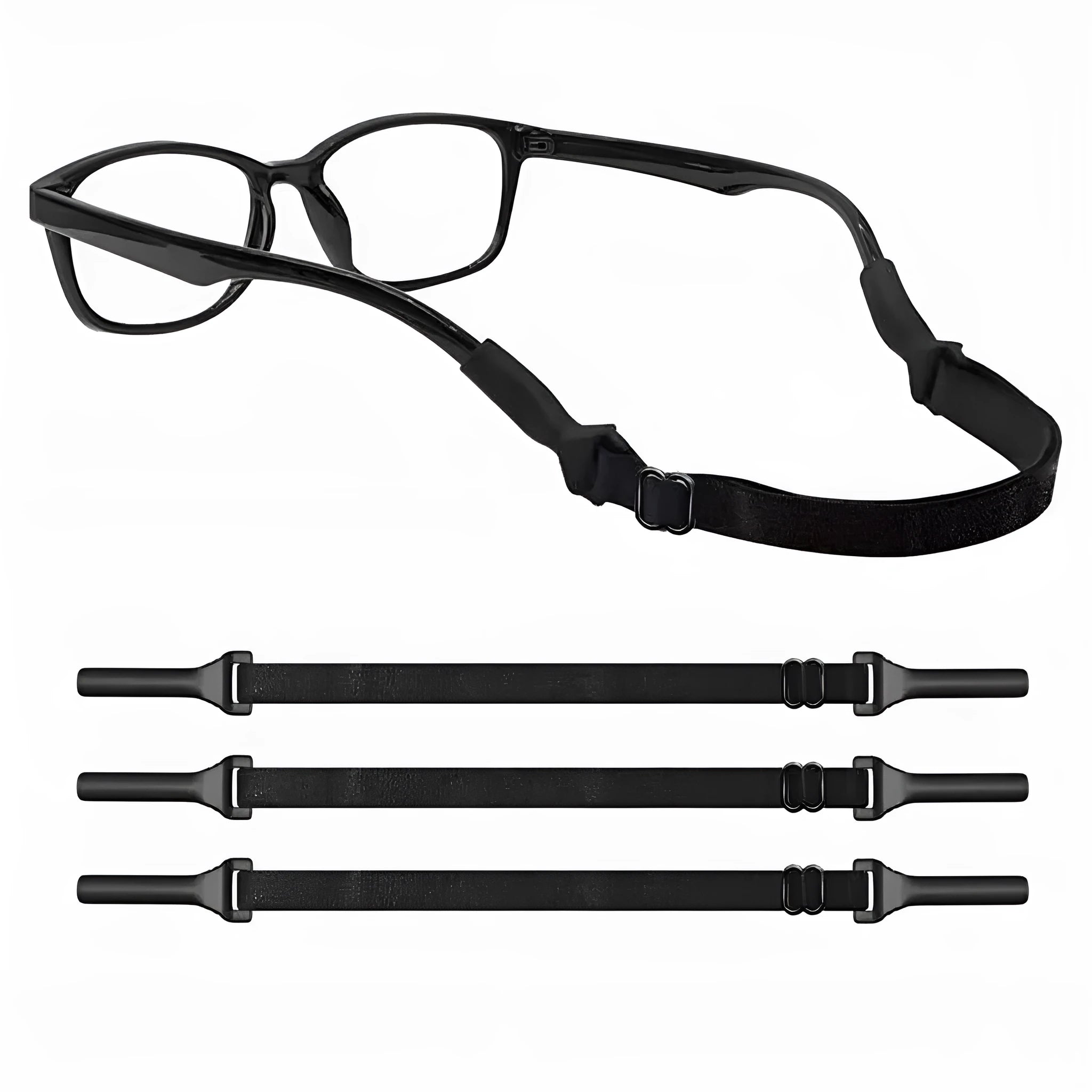 Black adjustable glasses cord with silicone ends and fibre rope for securing spectacles