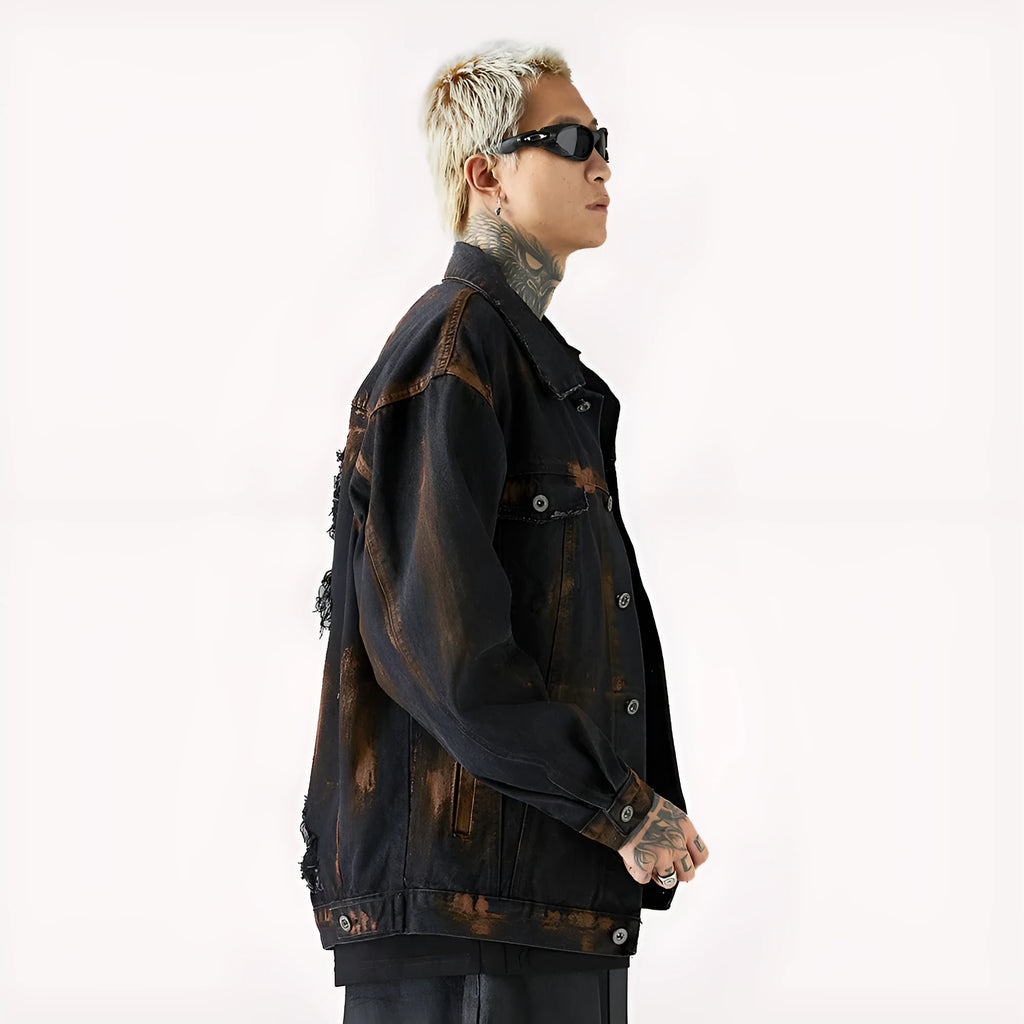 Black cotton denim jacket for men with fashion holes in street style