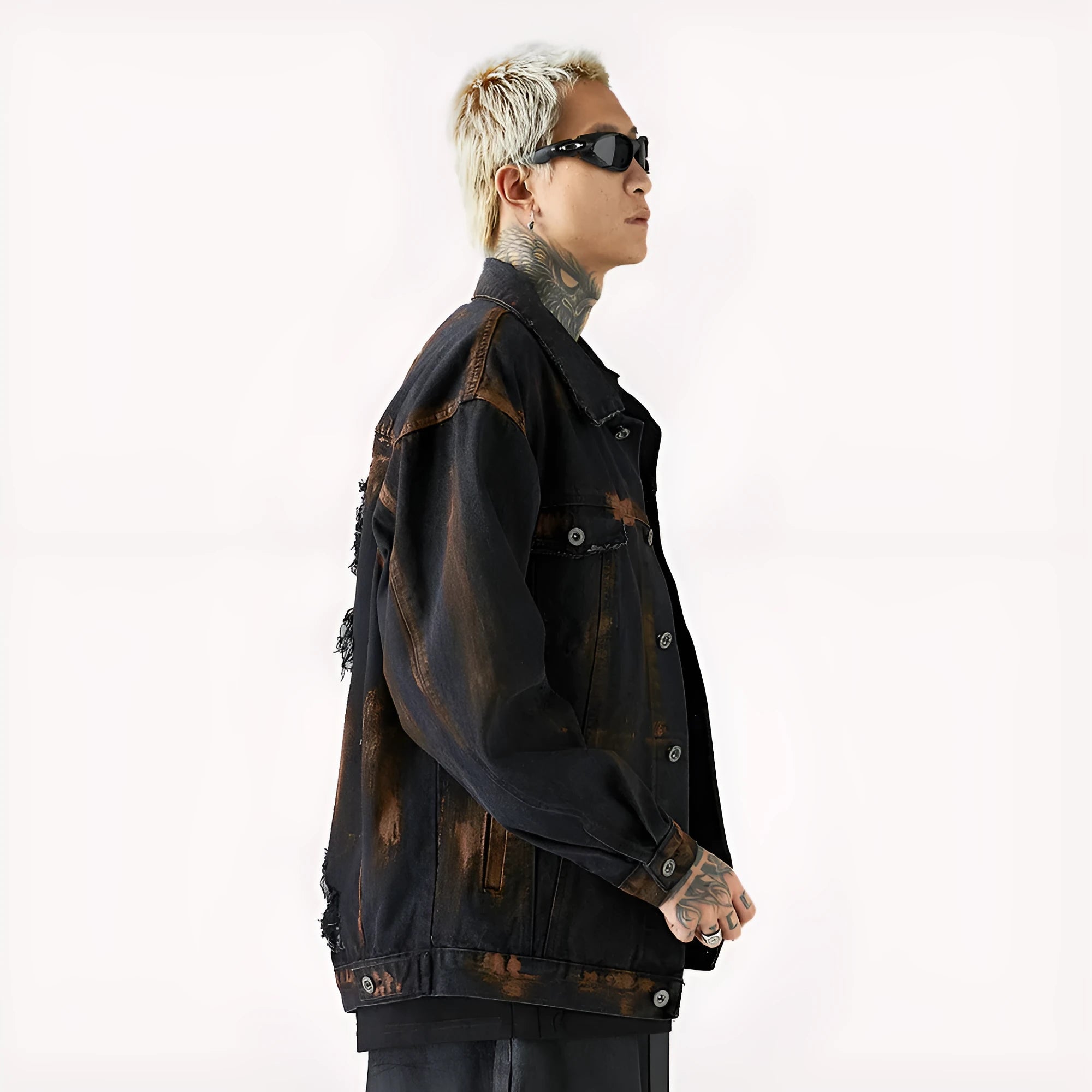 Black cotton denim jacket for men with fashion holes in street style
