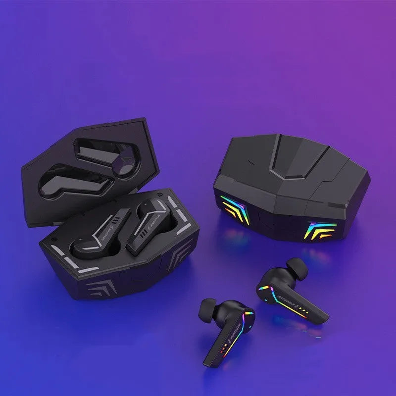Small black Bluetooth headset with earplug design for sports and gaming.