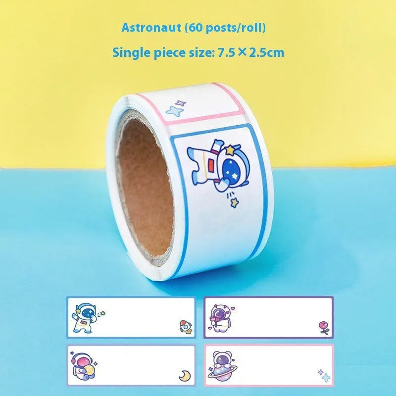 Roll of colourful cartoon name tape stickers showing dinosaur, astronaut, rabbit and girl designs