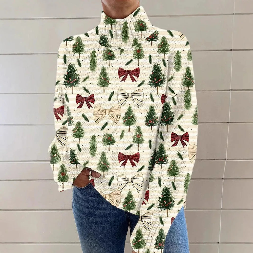 Women's Christmas printed turtleneck sweater in loose-fit casual style with long sleeves