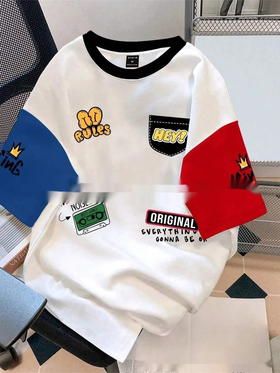 Men's loose-fit casual t-shirt with digital print letter pattern in a trendy colour combination.