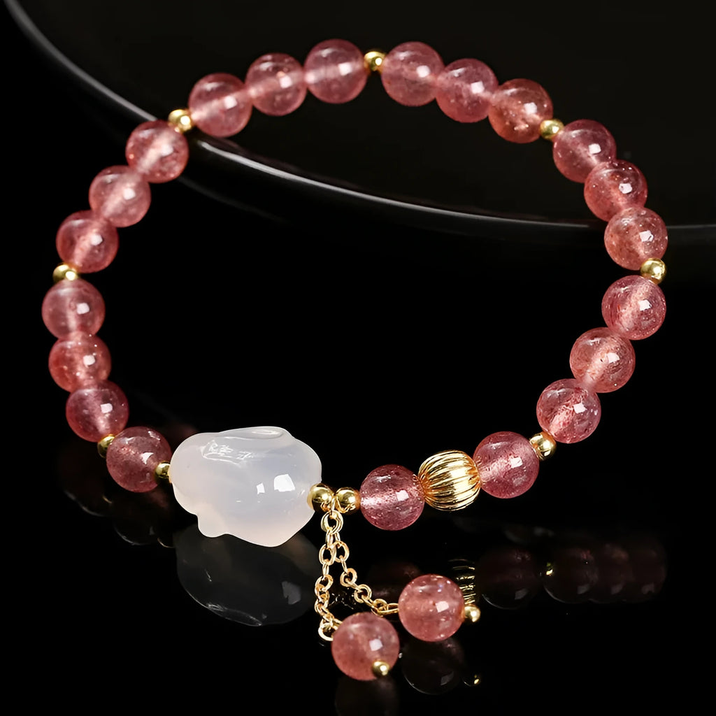 Strawberry quartz agate white rabbit bracelet with 6mm geometric beads for women's jewellery