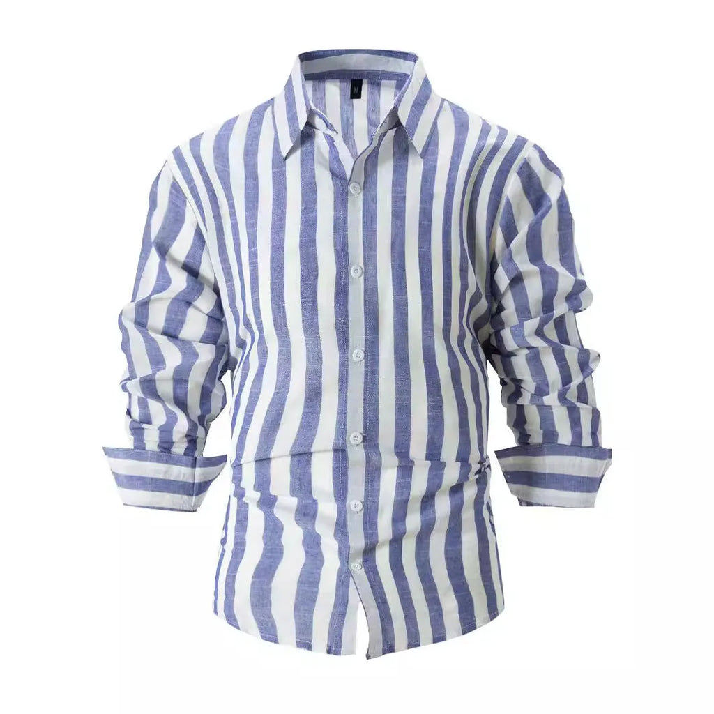 Man wearing a loose fit yarn-dyed striped long-sleeved casual shirt in British cardigan style.