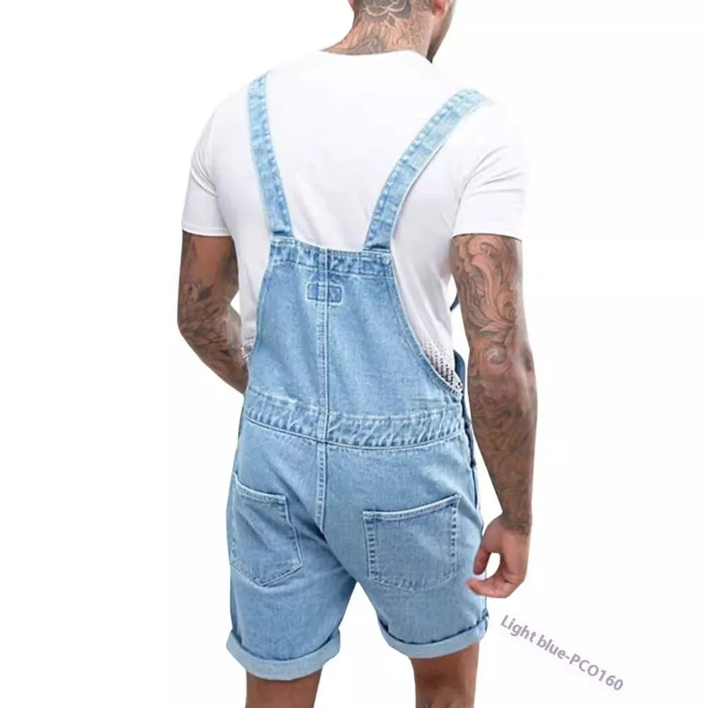 Youth medium elastic denim suspender shorts in black, blue or grey colours with zipper fly