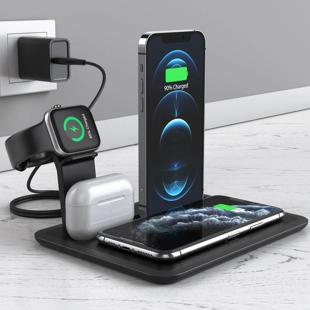 Black wireless charging station for phone watch headphones on desktop with USB cable