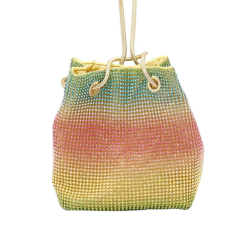 Rainbow rhinestone bucket bag with sparkling fabric and casual shoulder strap