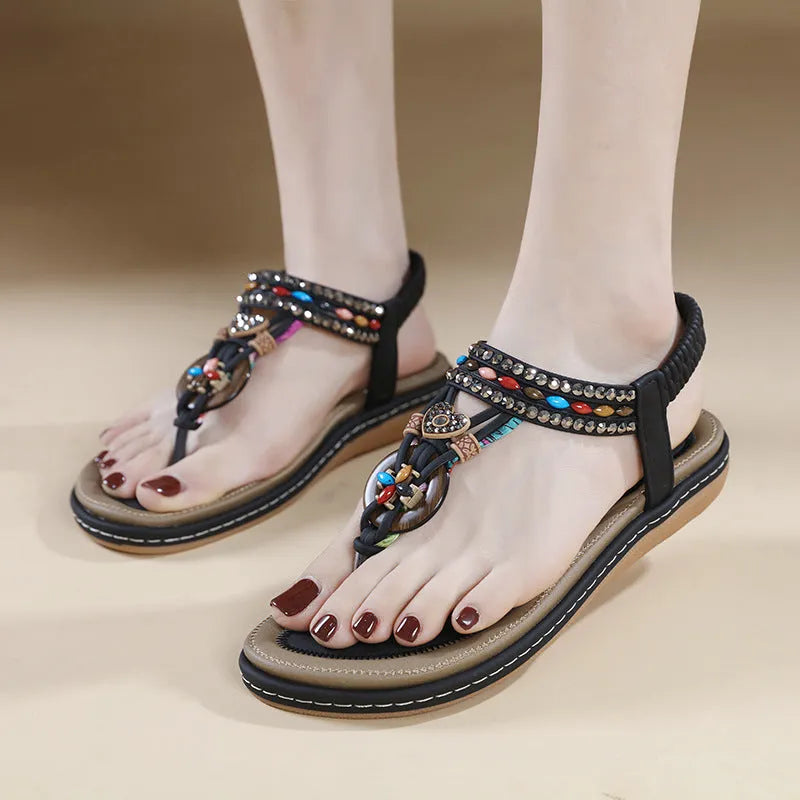 Women's rhinestone flip-flop sandals with leather lining and TPR sole in apricot, black, and khaki