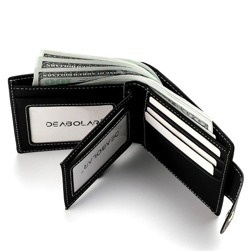Black men's wallet with animal print pattern showing multiple card slots and zipper closure