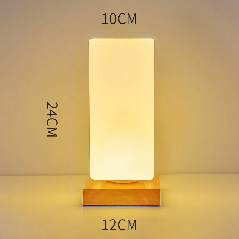 Nordic solid wood USB charging table lamp with touch dimming and flower-shaped white shade.