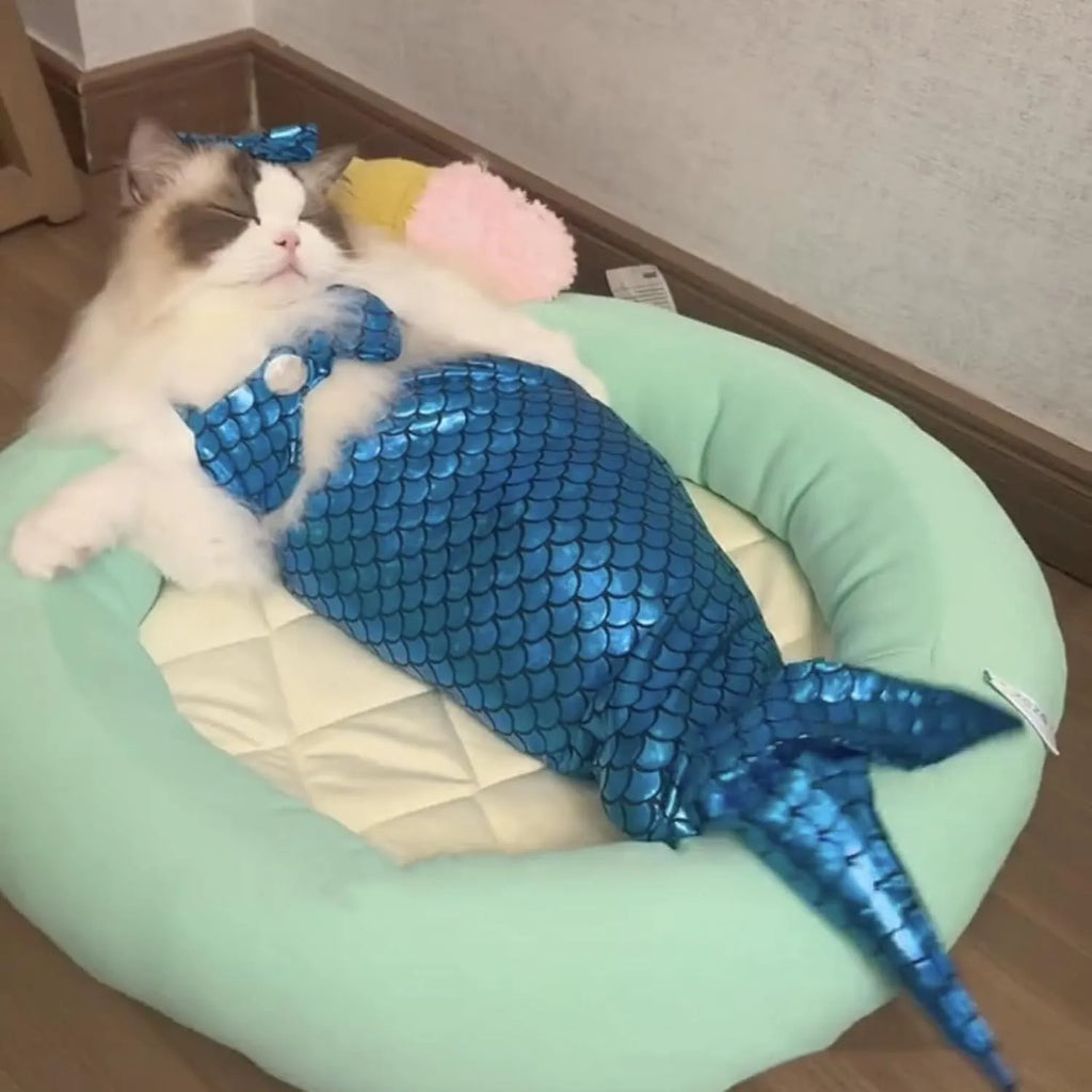 Blue pet mermaid costume with fish tail and elastic chest strap on small dog