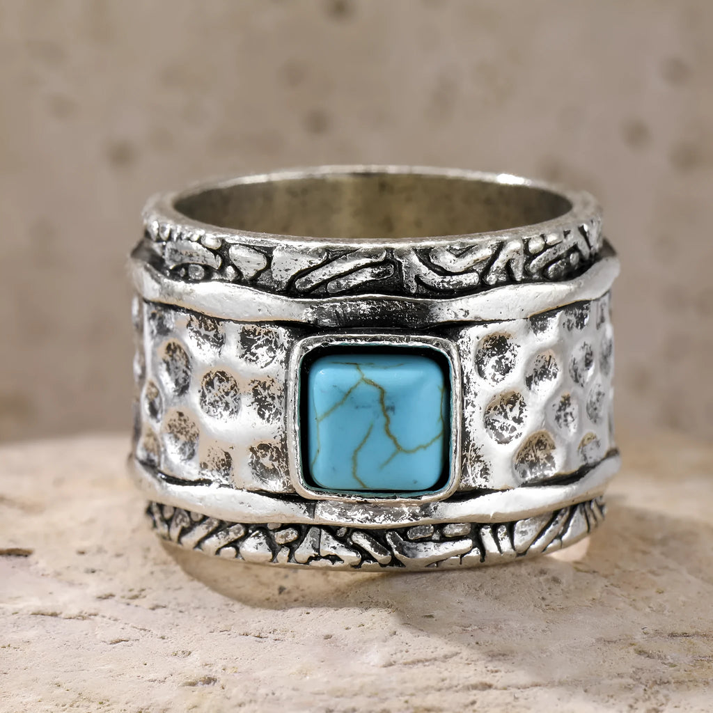 Turquoise bohemian ring for women in silver zinc alloy electroplated finish