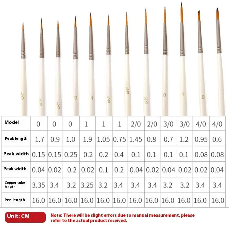 Set of 12 pearl white artist painting brushes with wooden handles and nylon wool fibres.