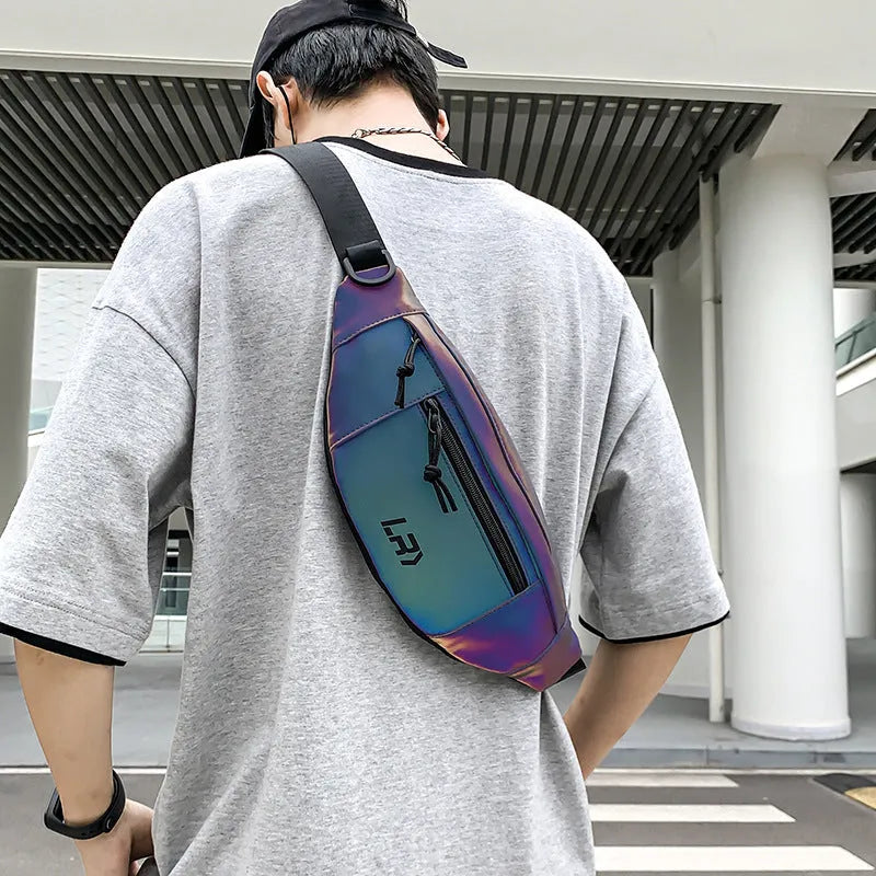 Blue crossbody reflective chest cycling bag with open pocket and soft handle