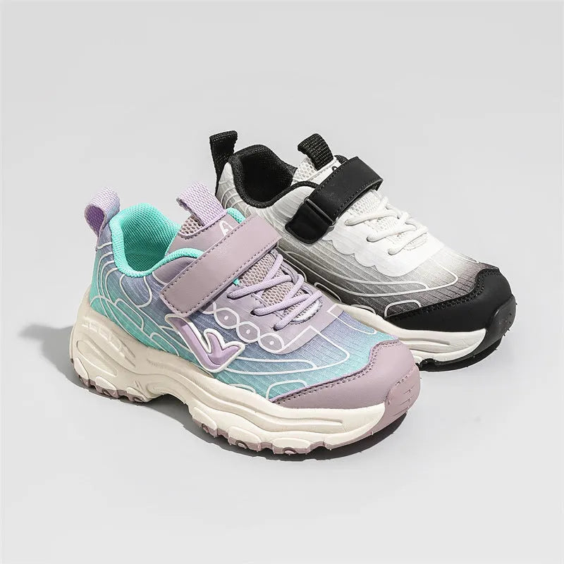 Children's striped dad shoes in black or purple with mesh fabric upper and rubber sole
