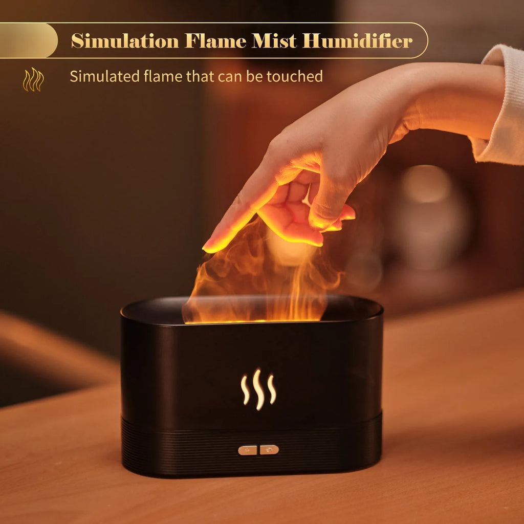 Black square ultrasonic aroma diffuser with flame light effect and mist output