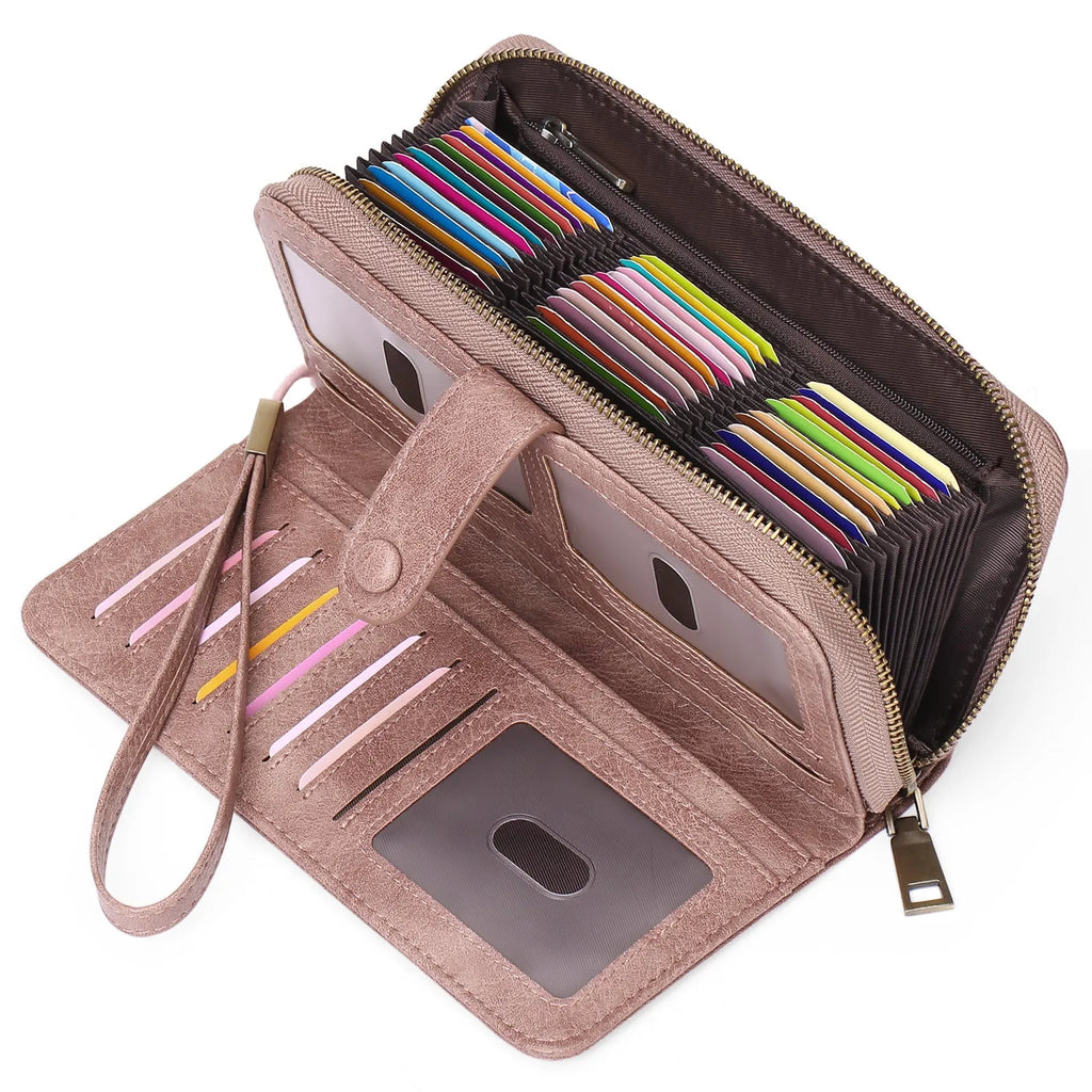 Women's expanding long wallet in light blue with card slots, passport pocket, and anti-theft swiping feature.