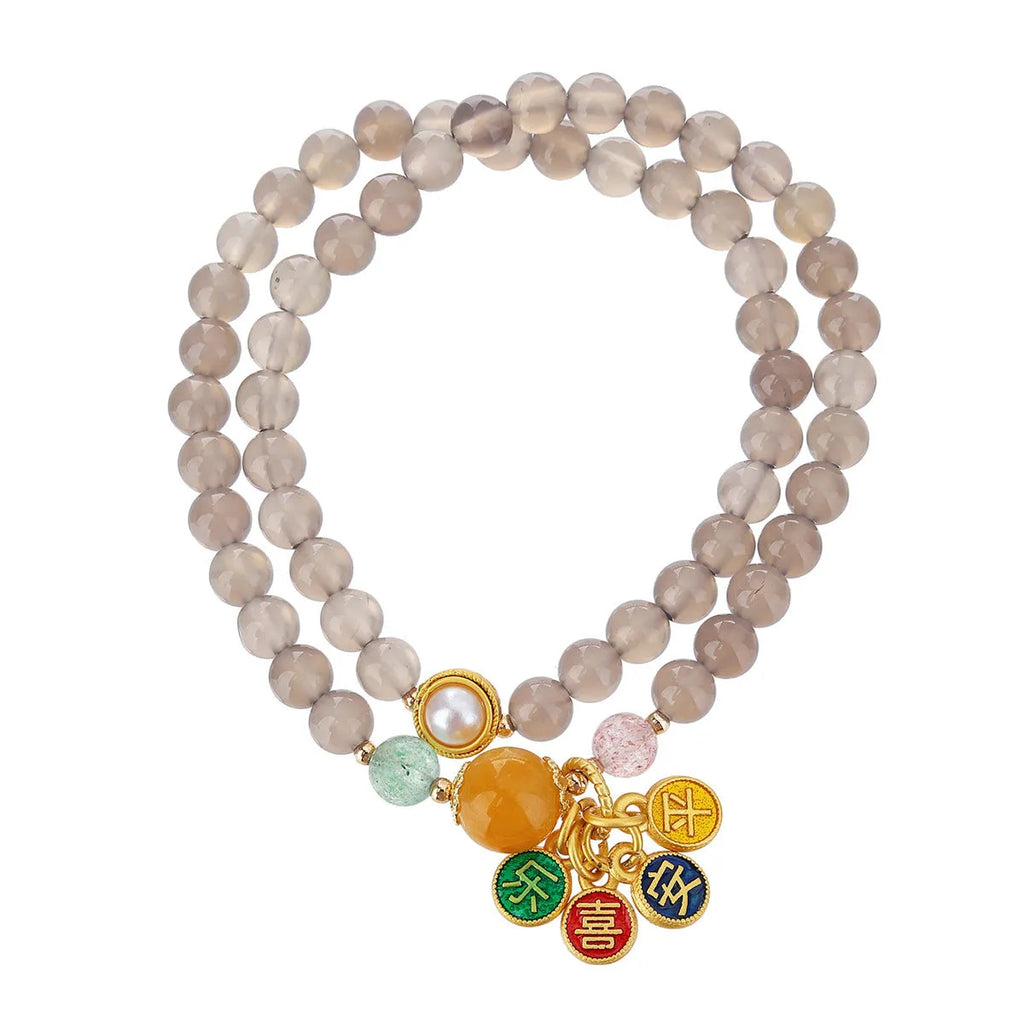 Women's two-circle bracelet made with natural gray agate beads in a retro style.