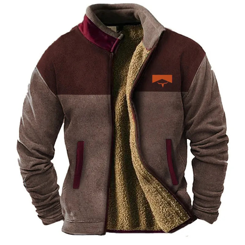 Men's green polyester fleece padded coat showing regular fit and front zipper.