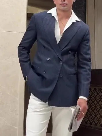 Men's striped double breasted blazer jacket with regular fit and polyester fabric