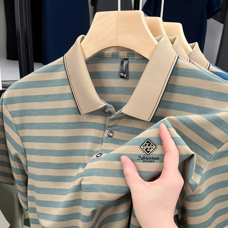 Men's striped casual polo shirt with mosaic pattern in lightweight polyester fabric