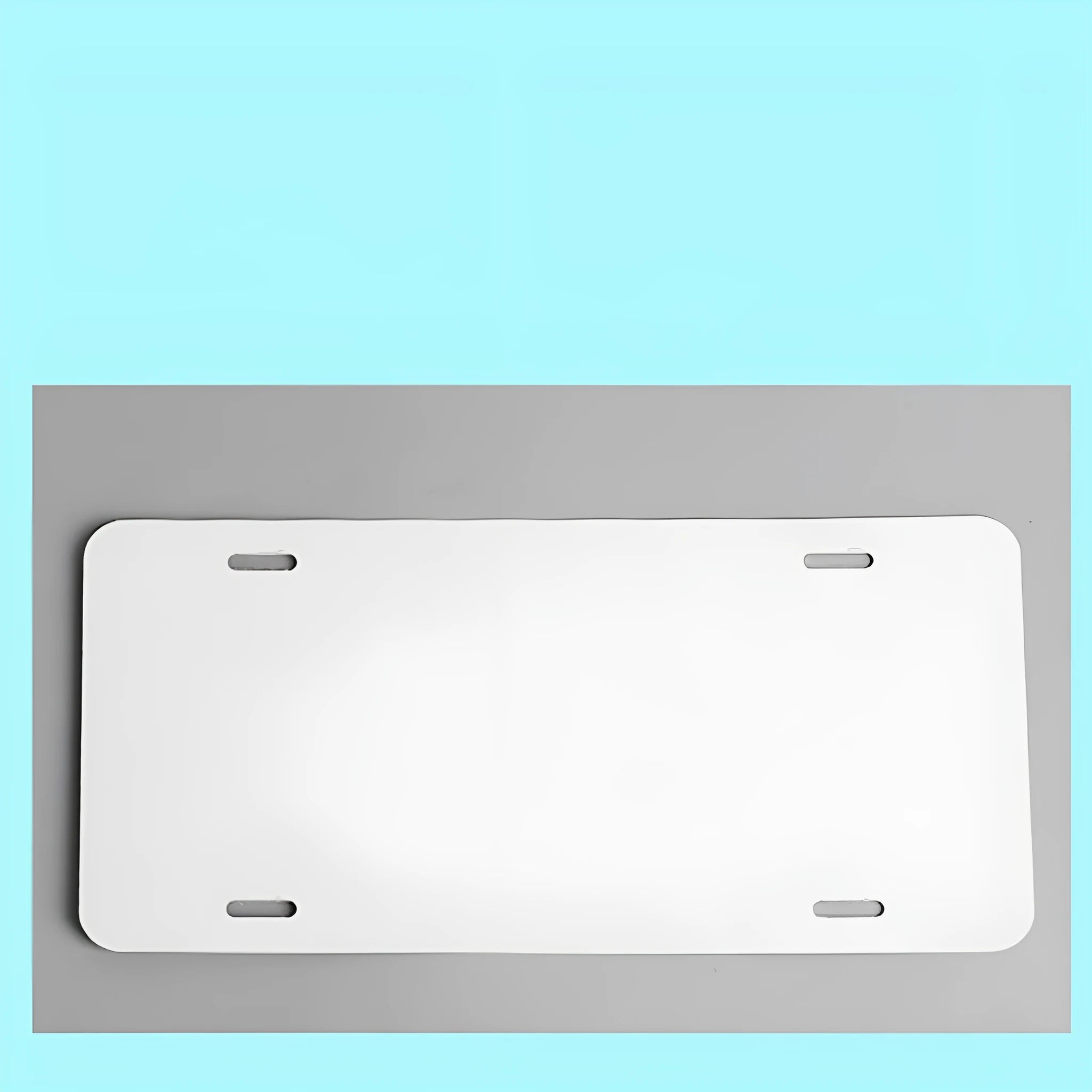White rectangular aluminium licence plate blank with dimensions 30.3 by 15 centimetres.
