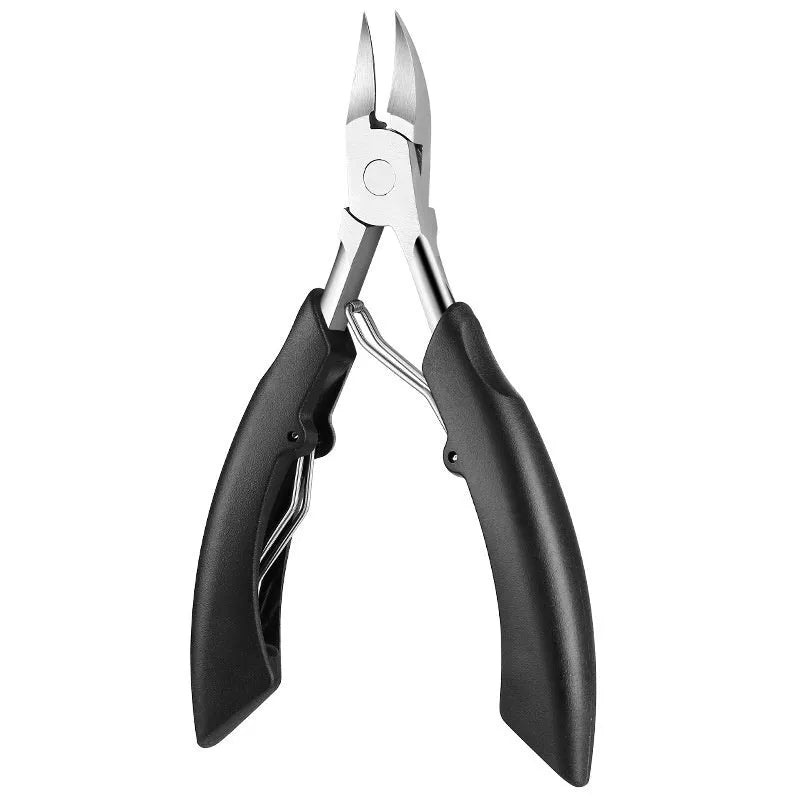 Coloured nail clippers with a visible angled bevel groove on the cutting head.