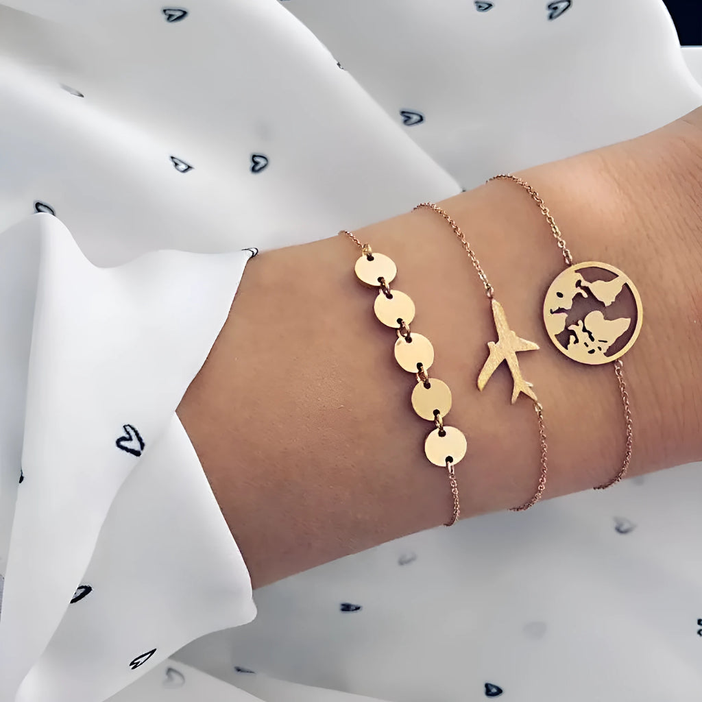 Women's bohemian aircraft map charm bracelet 3-piece set with heart-shaped European and American flight route charms