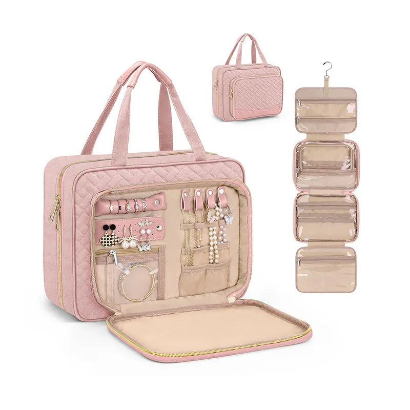 Pink and black waterproof hanging cosmetic storage bag with dimensions 30.5cm by 11cm by 22.9cm