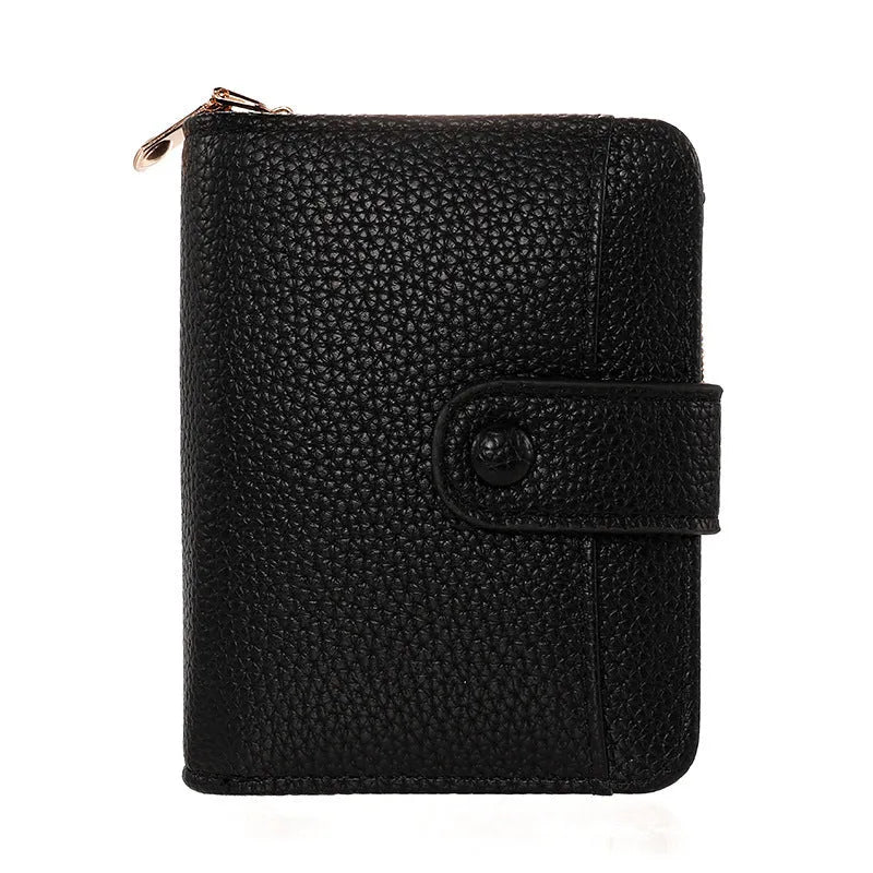 Women's lychee pattern short wallet in PU leather, shown in beige, pink, black, and red colour options.