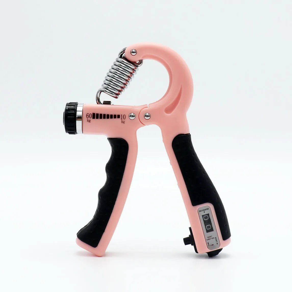 Black adjustable hand grip with mechanical counter, ABS and stainless steel, 16cm by 12cm
