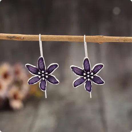 Purple retro flower alloy drop earrings with electroplated finish and butterfly clutch closure