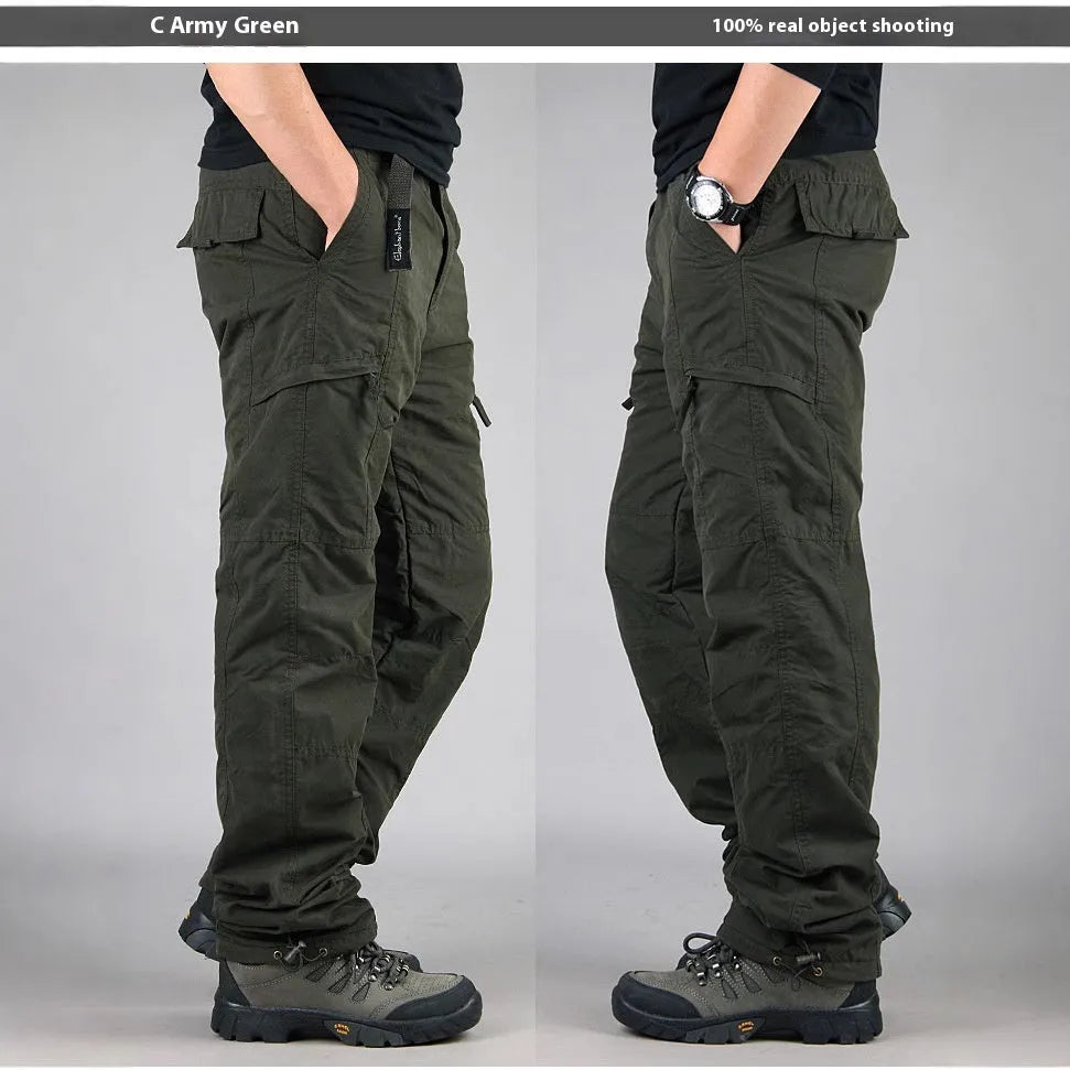 Men's thick cotton thermal overalls with wool lining in khaki colour, showing loose straight-leg fit.