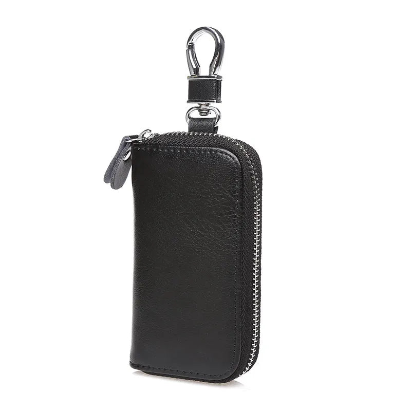 Men's genuine leather zipper multi-function car key holder in black, handmade cow split leather