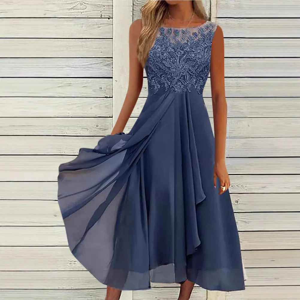 Women's sleeveless midi chiffon dress with hollow-out lace detail in blue, green, or purple.