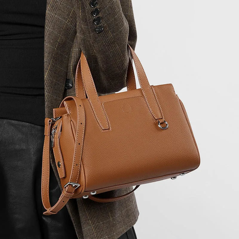 Genuine leather cowhide crossbody bag in horizontal square design with polyester cotton lining