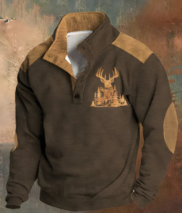 Man wearing a grey 3D digitally printed long-sleeve sweater with a four-button placket and loose fit.