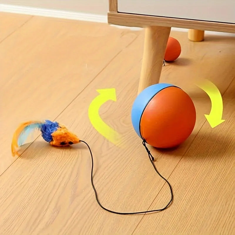 Interactive blue and orange plush mouse cat toy with feather teaser, 8.5cm diameter