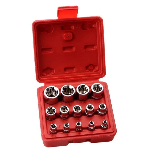 Red box containing a 14-piece chrome vanadium steel E-type socket set for auto and mechanical repair.