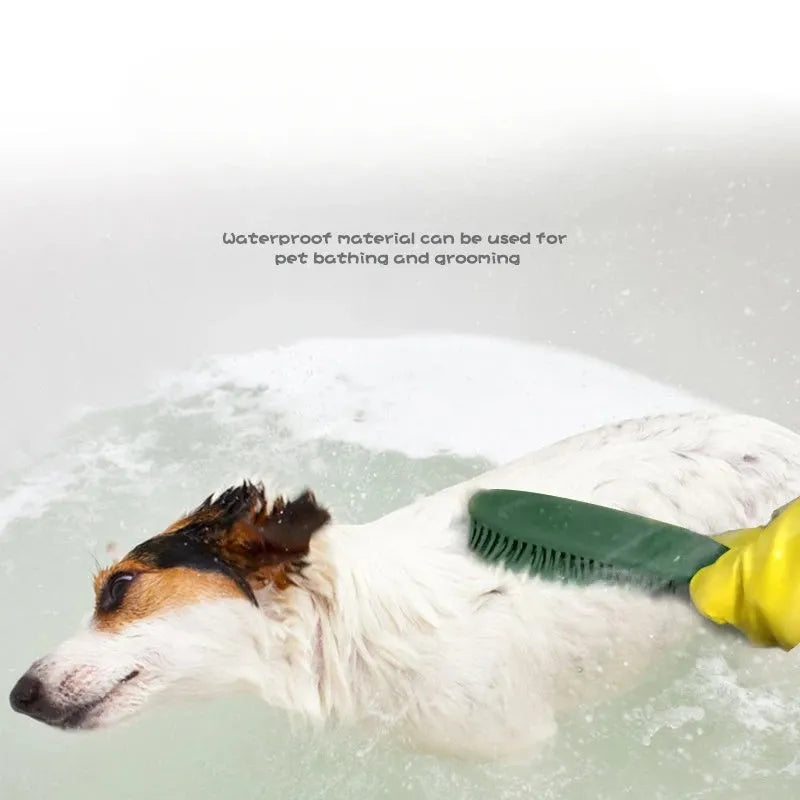 Green dog brush with pet hair remover and massage function next to wool sticker for fabric cleaning