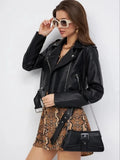 Black women's PU leather retro coat with regular sleeves on hanger