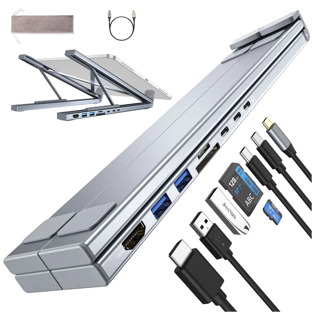 Aluminium folding laptop docking station showing 8-in-1 ports and raised stand.