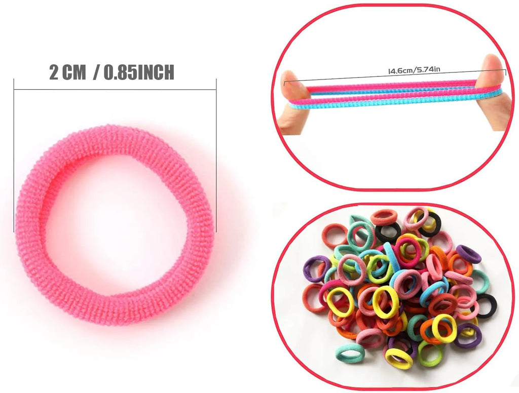 100 seamless cotton baby hair ties in multicolours showing 0.85-inch size and small jar packaging